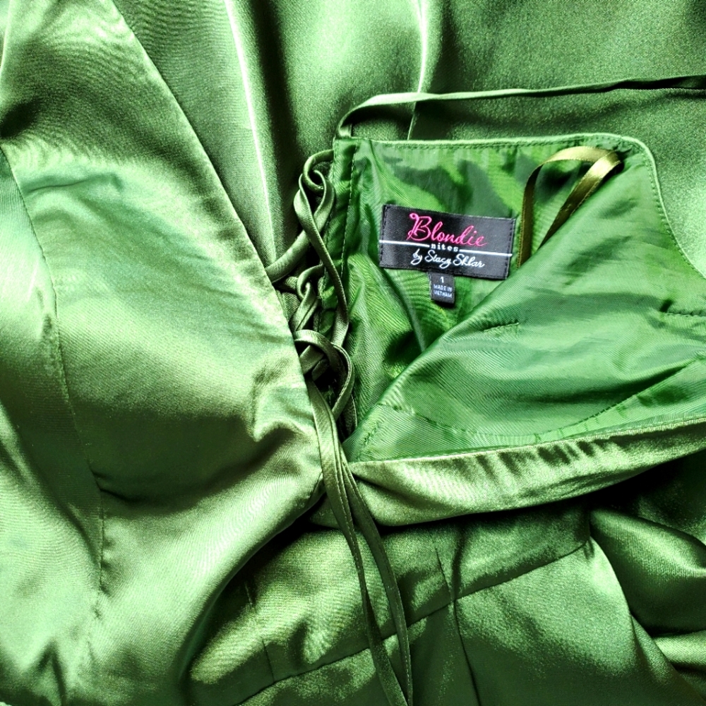 Blondie Nites Plunging-V Satin Skinny Strap Lace Up Mini Green Dress - Picture 3 of 6